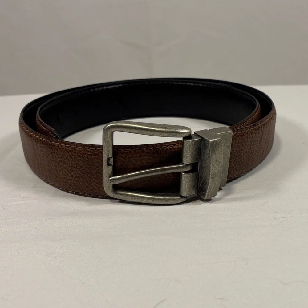 Reversible Men’s Brown and Black Leather Belt with Silver Buckle Size 38